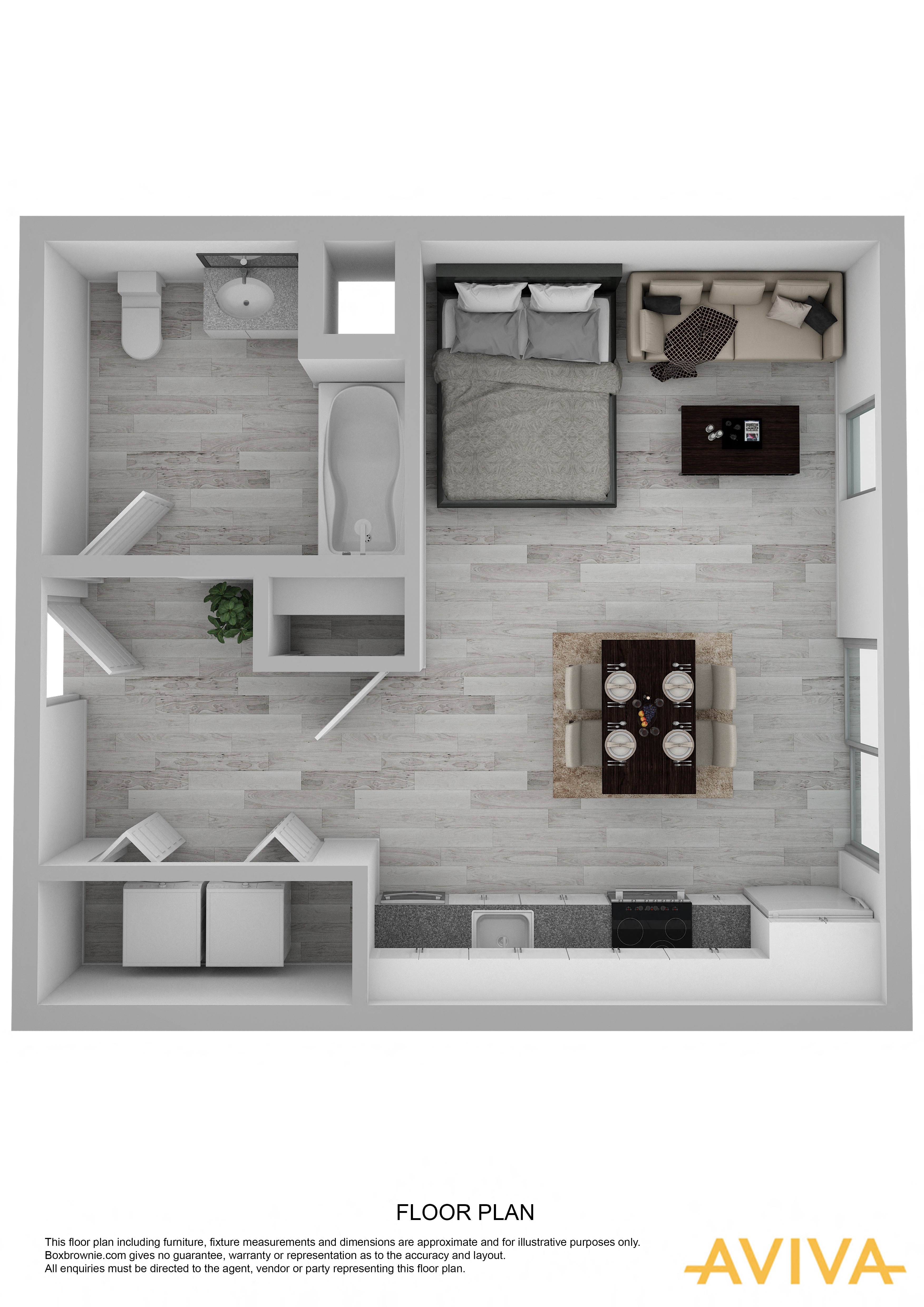 studio apartment floor plan at AVIVA Apartments